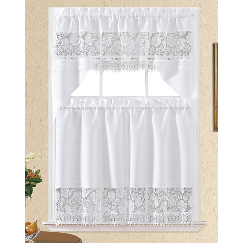 Rosalind Wheeler Ahmeir Floral Swag Kitchen Curtain In White Wayfair